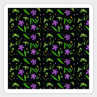 Gouache Purple and Yellow Flower Pattern with a black background Sticker